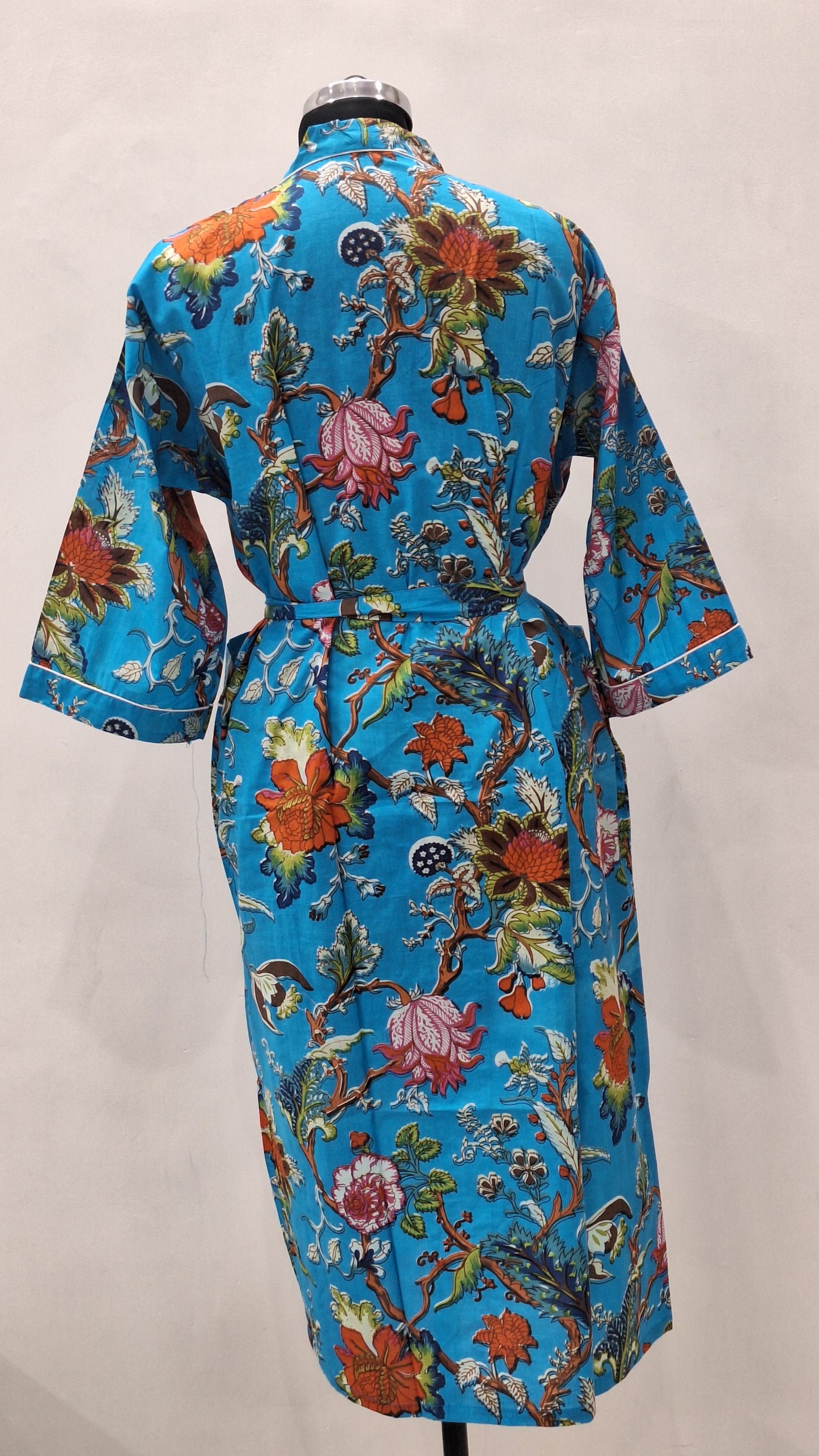 Azure Tropical Garden Cotton Bathrobe Unisex Cambric Robe with Belt & Pockets
