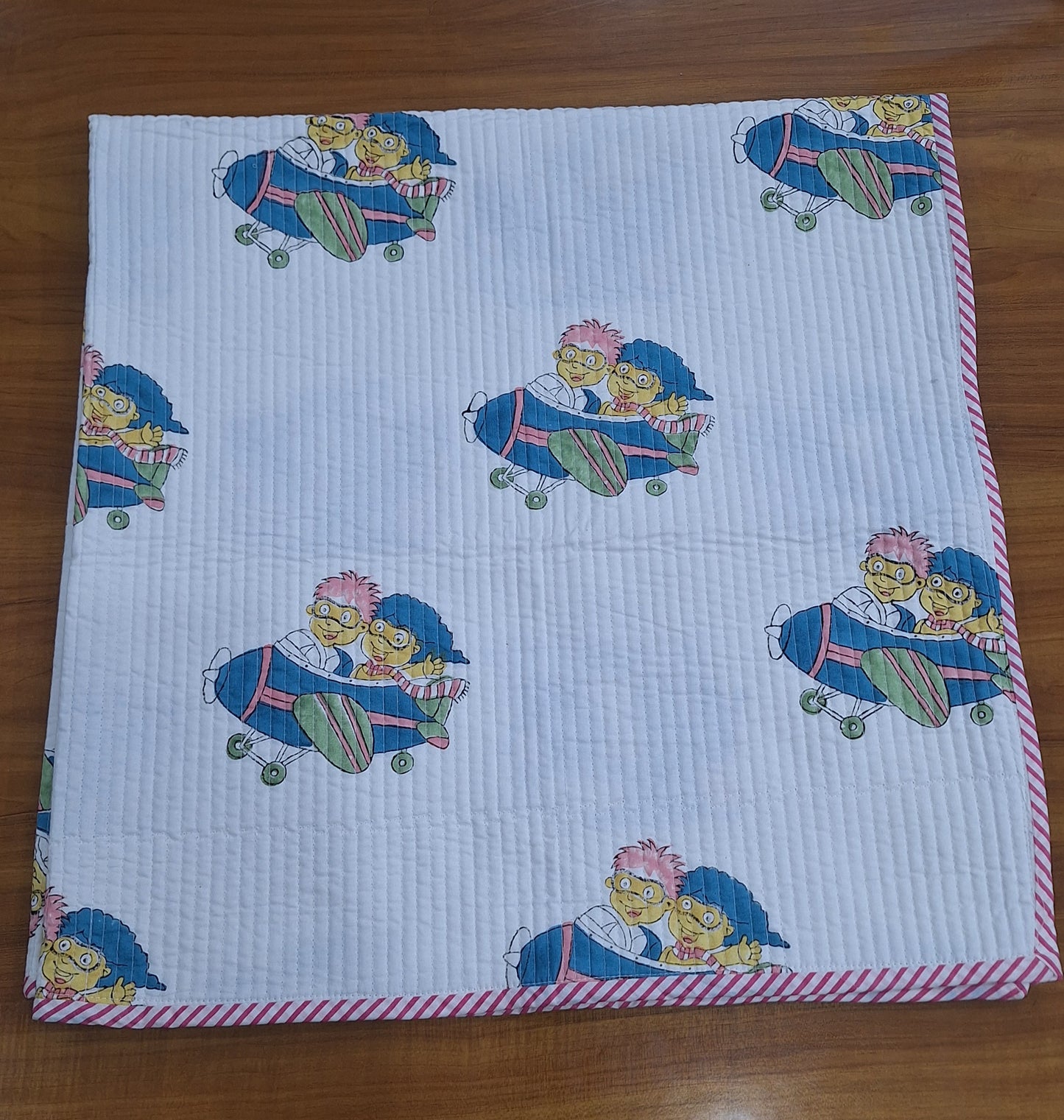 Elephant & Cartoon Airplane Print Baby Quilt 40x40 Inches Cambric Fabric Surgical Cotton Filling