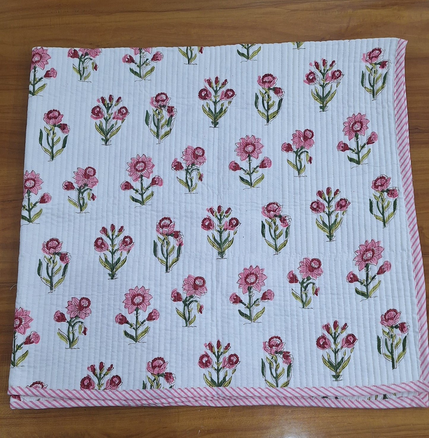 Pink Wildflower Print Reversible Baby Quilt 40x40 Inches