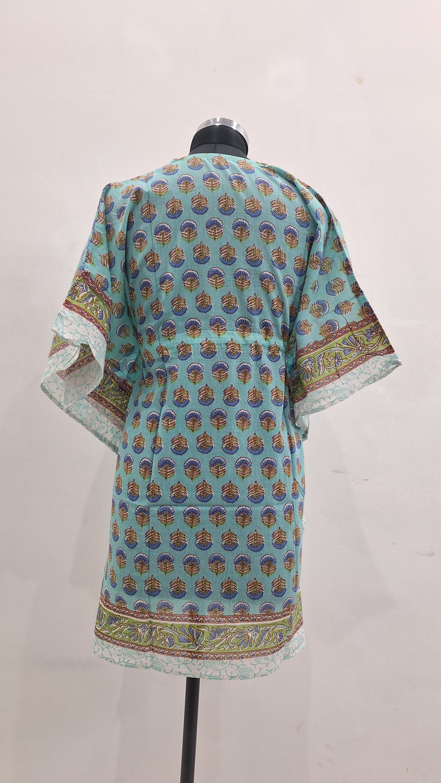 Sea Blue Floral Motif Hand Block Print Kaftan