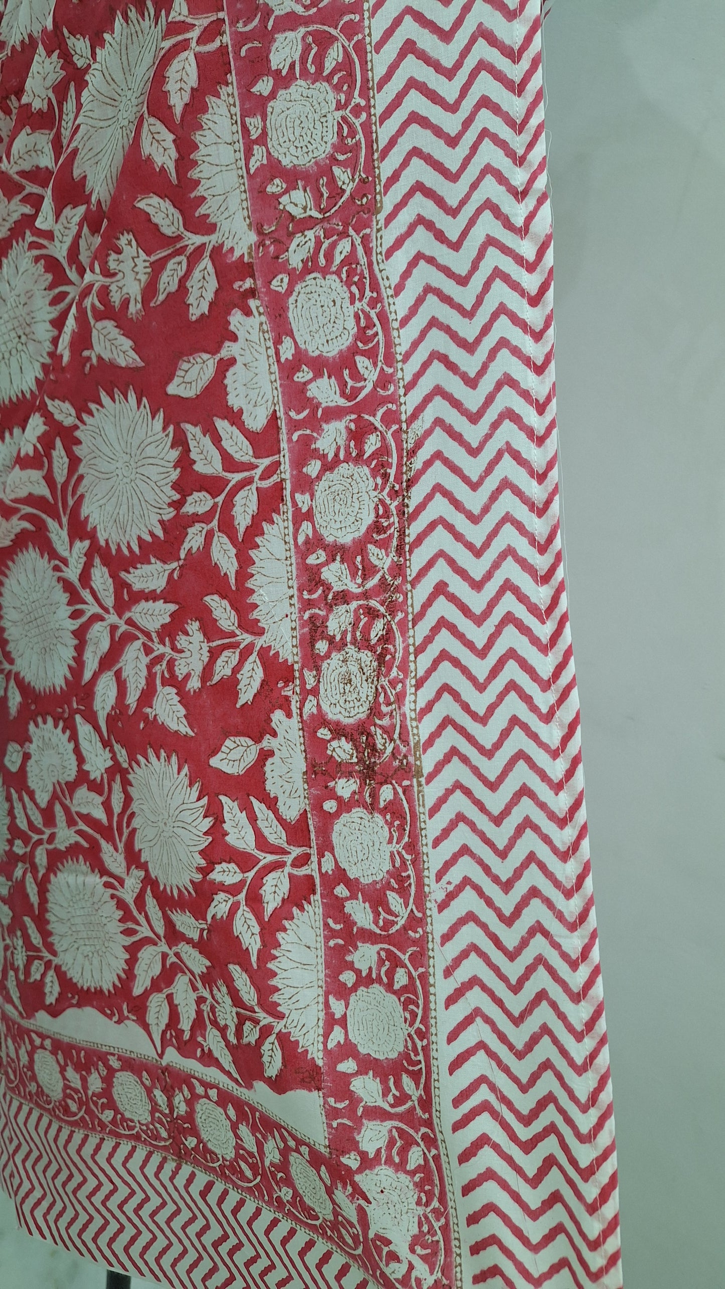 Red Floral Cotton Cambric Beach Sarong with Zigzag Border