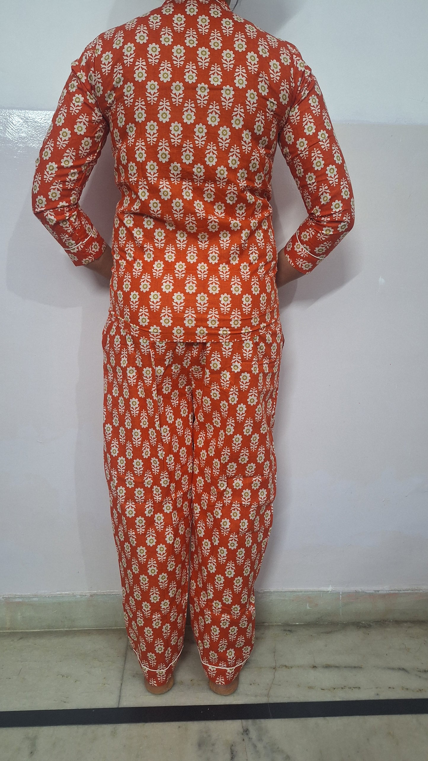 Orange Floral Booti Printed Cotton Lady Night Suit