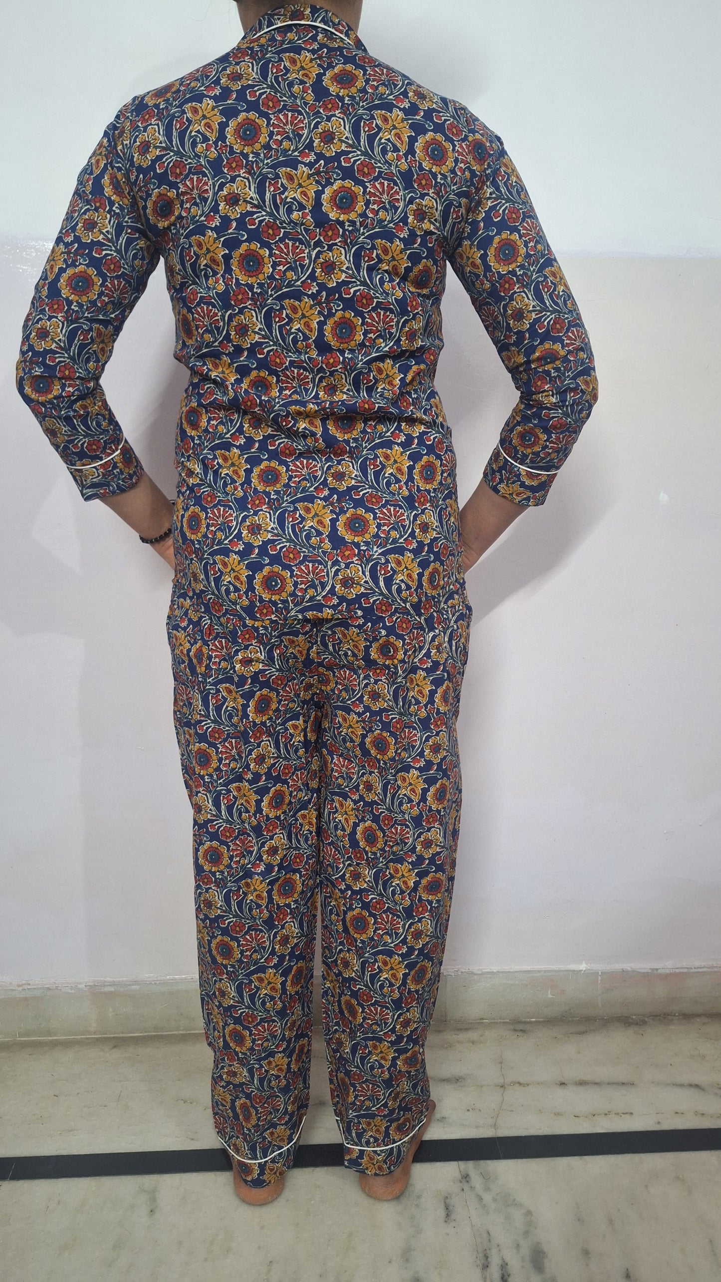 Navy Blue Floral Printed Cotton Night Suit for Summers