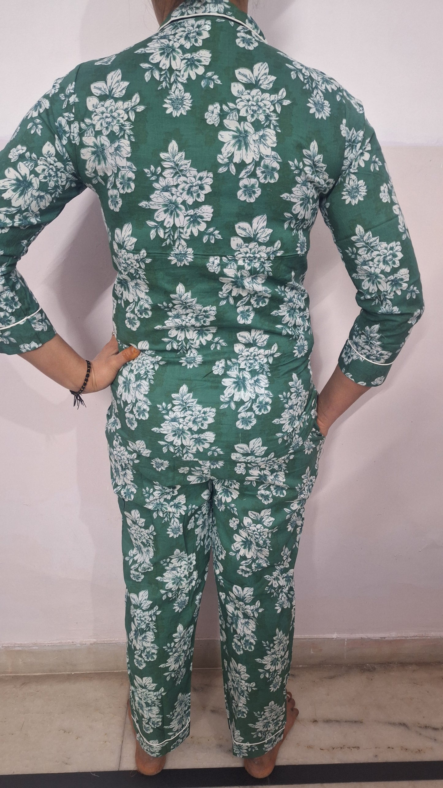 Ocean Green Floral Jaal Print Cotton Lady Night Suit