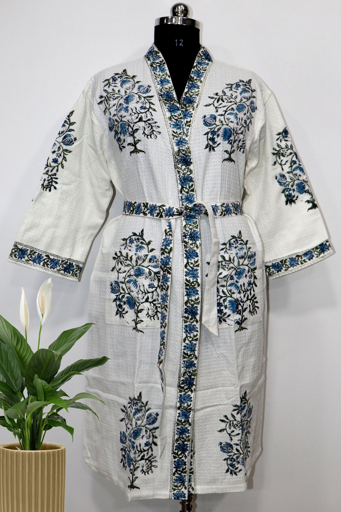Blue-Pomegranate-Print-Hand-Block-Printed-Waffle-Bathrobe
