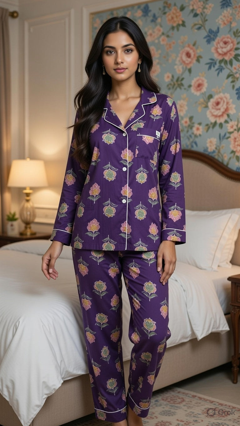 Blue Flower Printed Cotton Women`s Night Wear