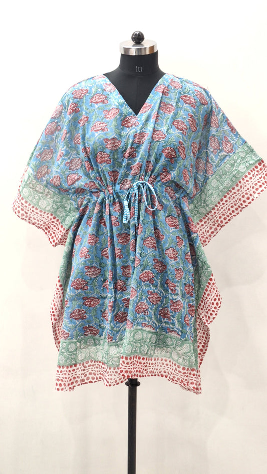 Vintage Floral Hand Block Print Blue Cotton Kaftan