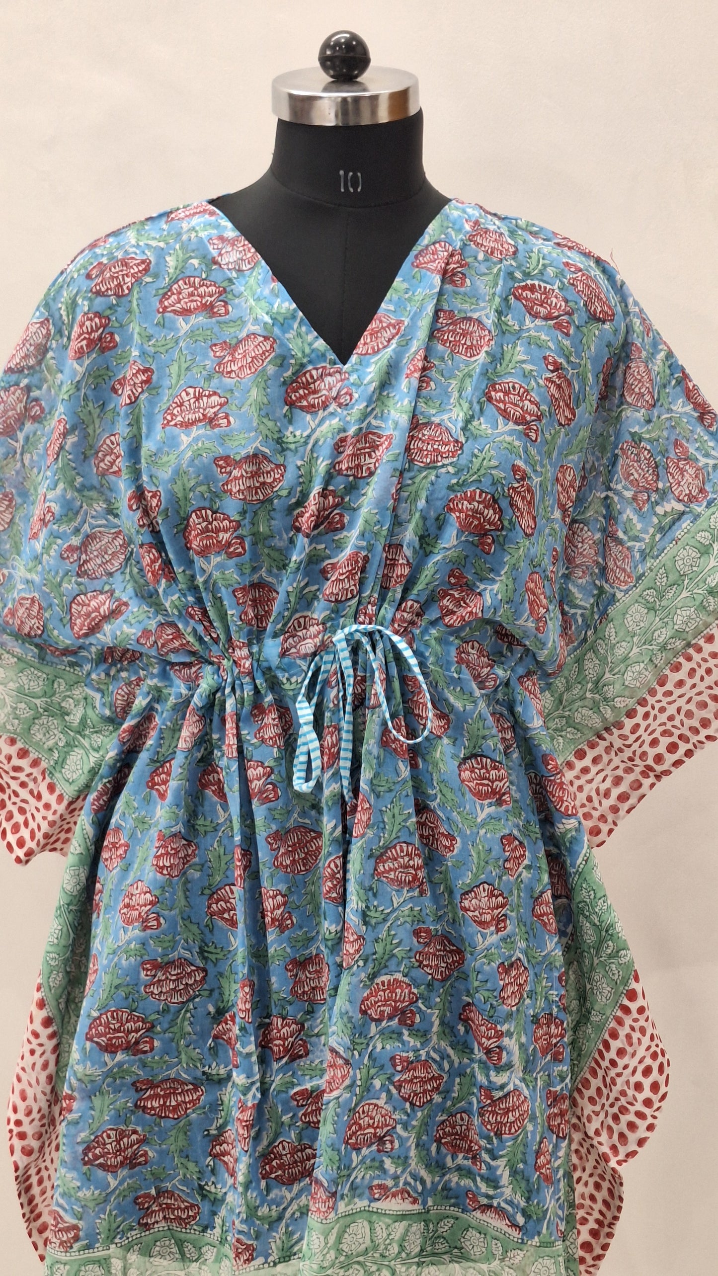 Vintage Floral Hand Block Print Blue Cotton Kaftan