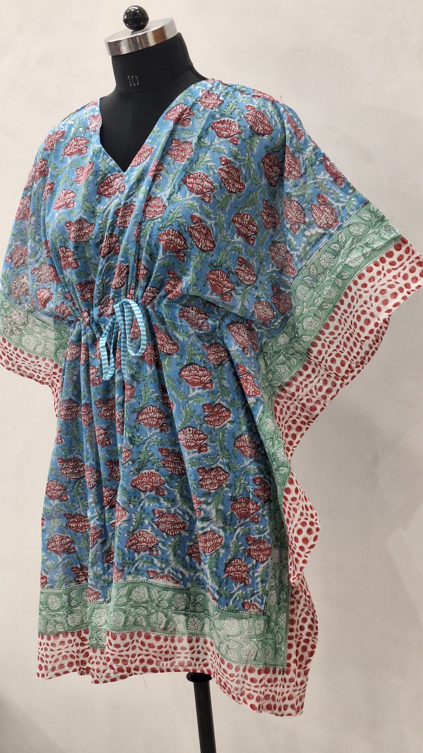 Vintage Floral Hand Block Print Blue Cotton Kaftan
