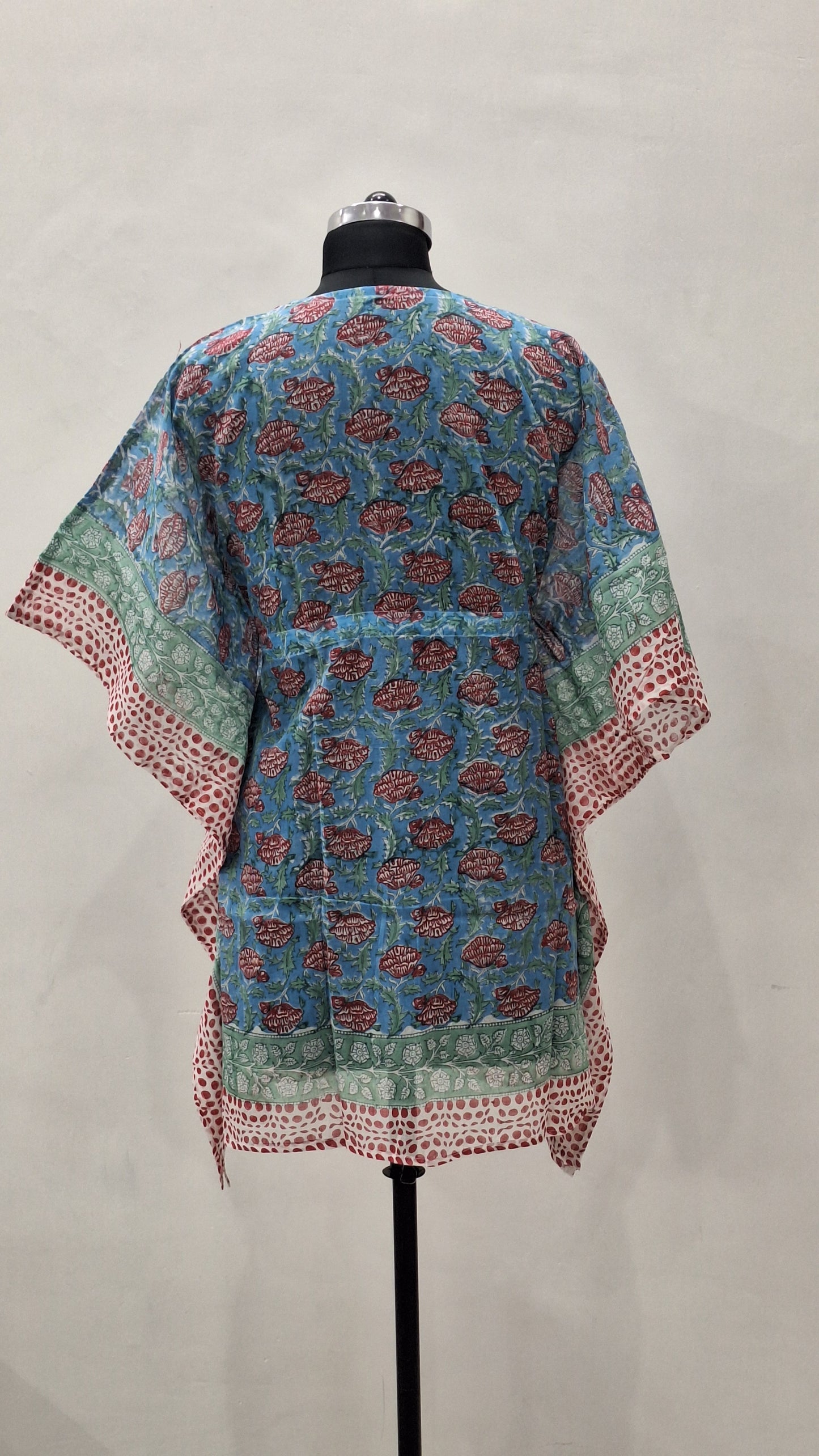 Vintage Floral Hand Block Print Blue Cotton Kaftan