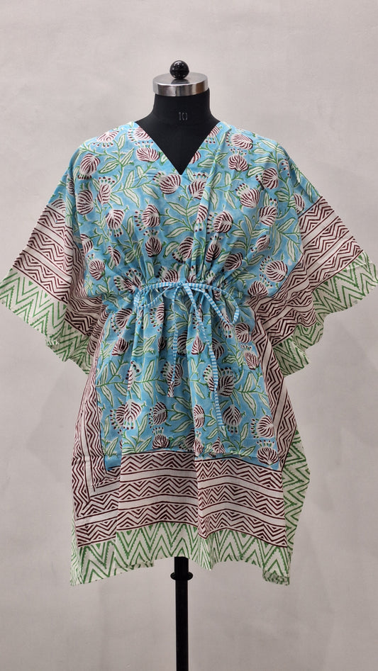 Blue Garden Floral Print Short Cotton Kaftan