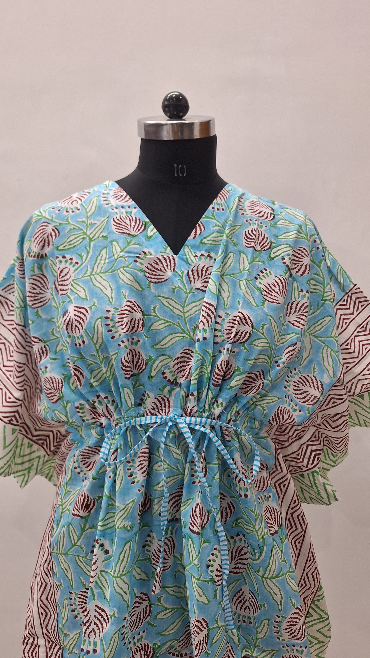 Blue Garden Floral Print Short Cotton Kaftan