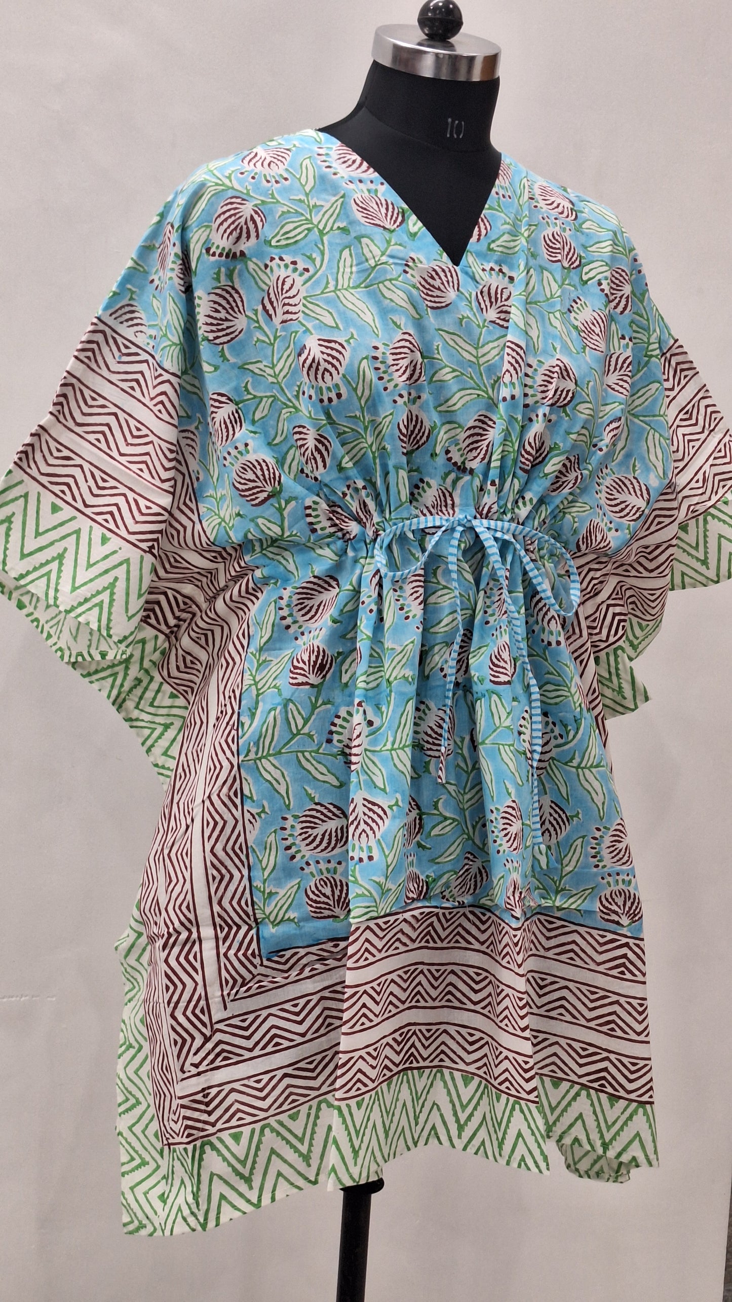 Blue Garden Floral Print Short Cotton Kaftan