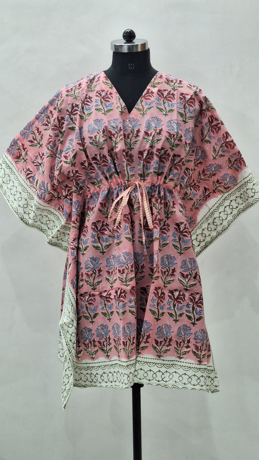 Dusty Pink Floral Print Cotton Cambric Short Kaftan