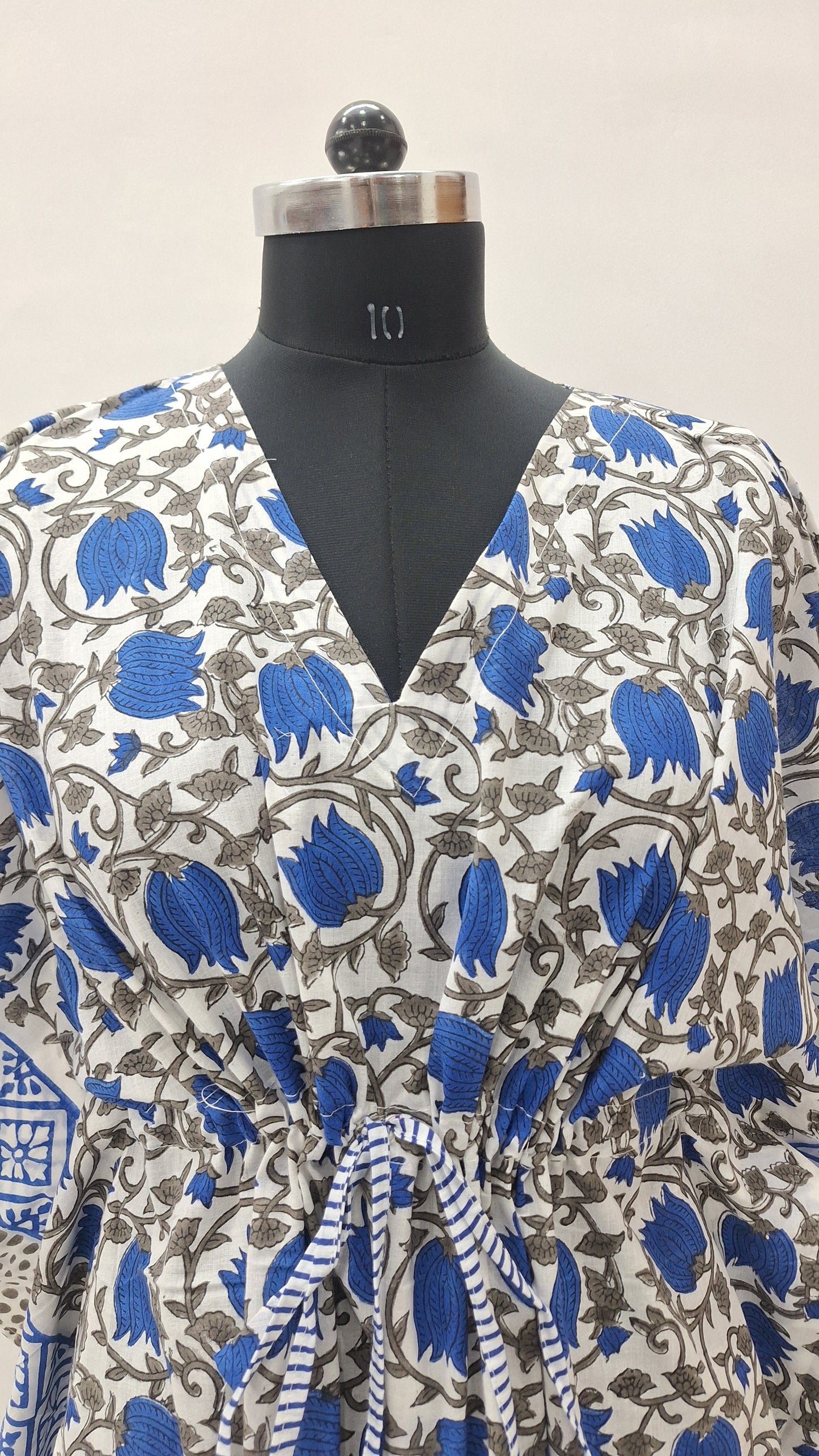 Blue Blossom Print Short Cotton Cambric Kaftan
