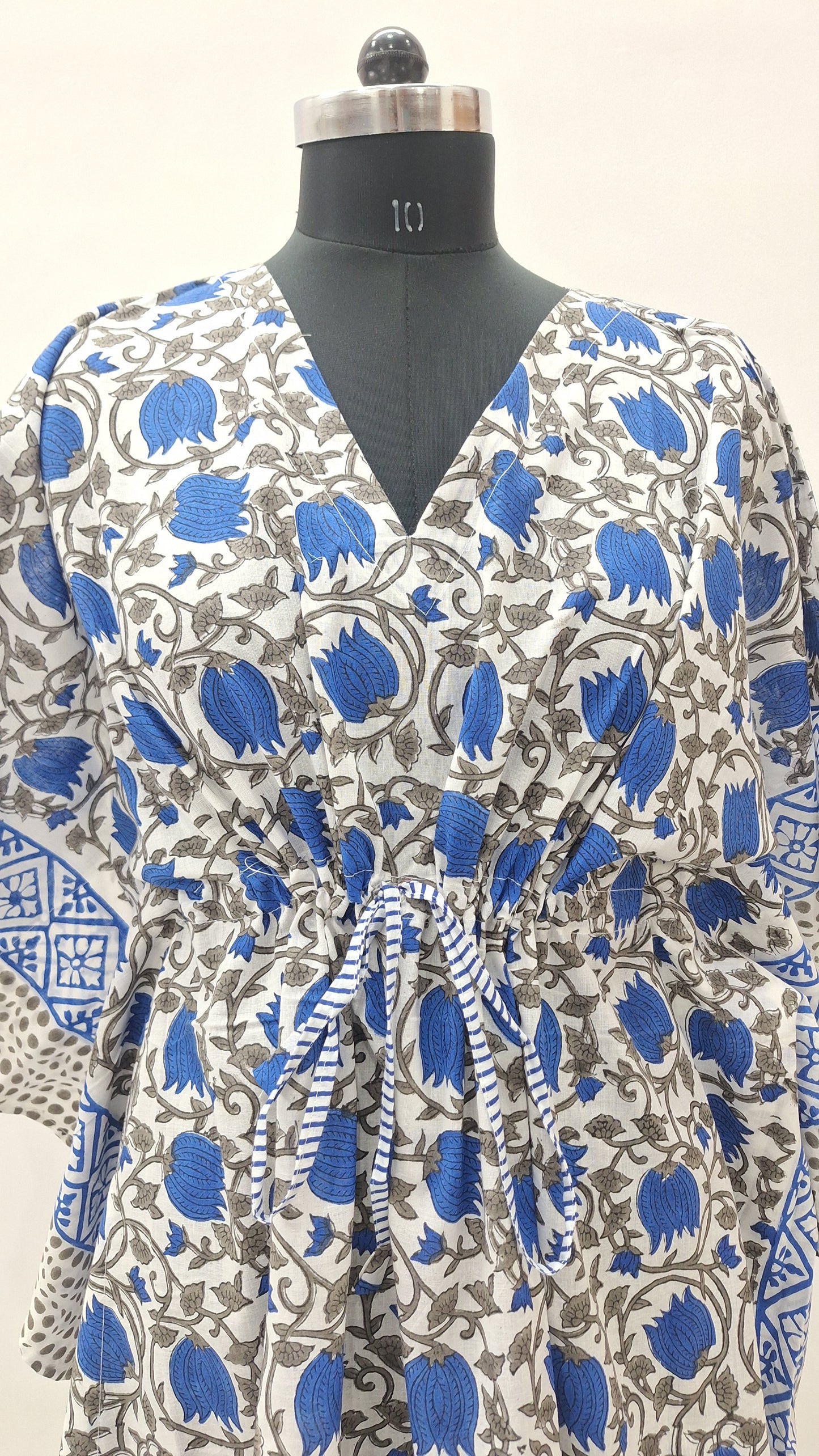 Blue Blossom Print Short Cotton Cambric Kaftan
