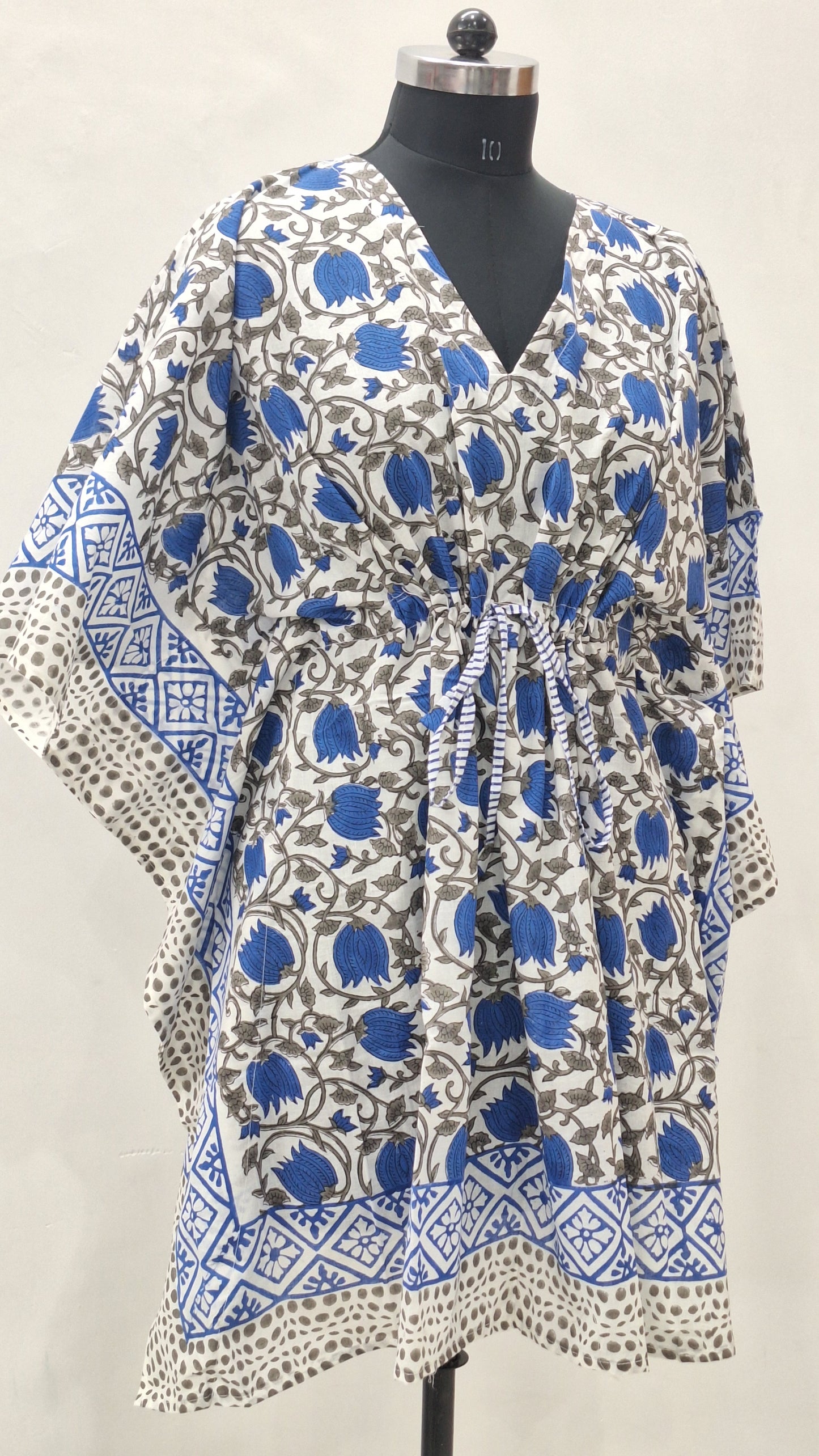 Blue Blossom Print Short Cotton Cambric Kaftan