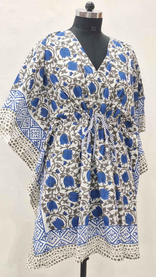 Blue Blossom Print Short Cotton Cambric Kaftan