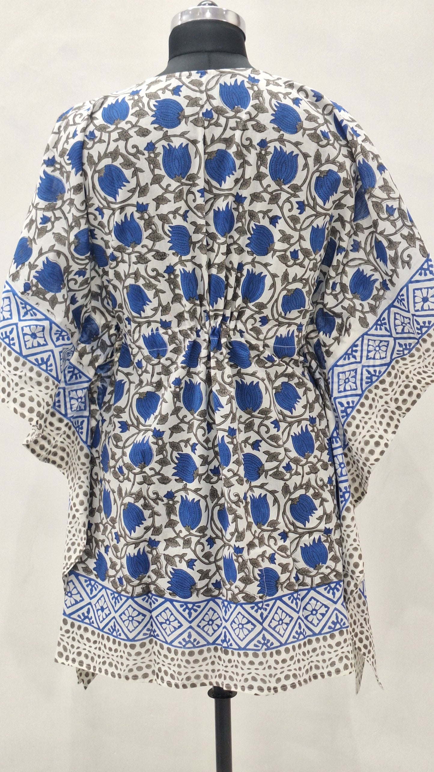 Blue Blossom Print Short Cotton Cambric Kaftan
