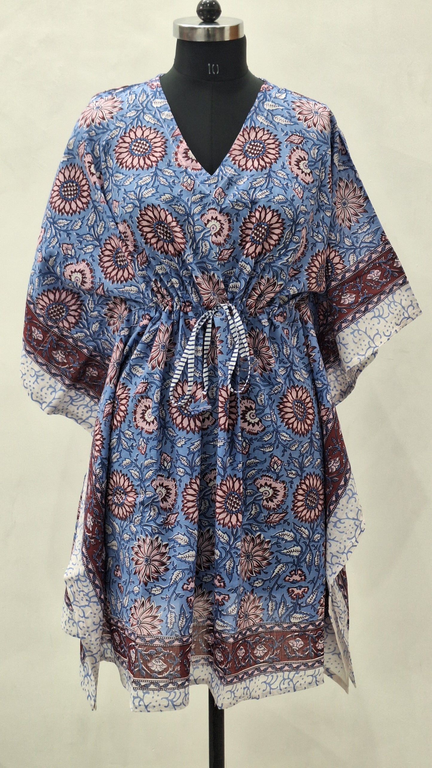 Blue Lotus Floral Block Print Short Kaftan