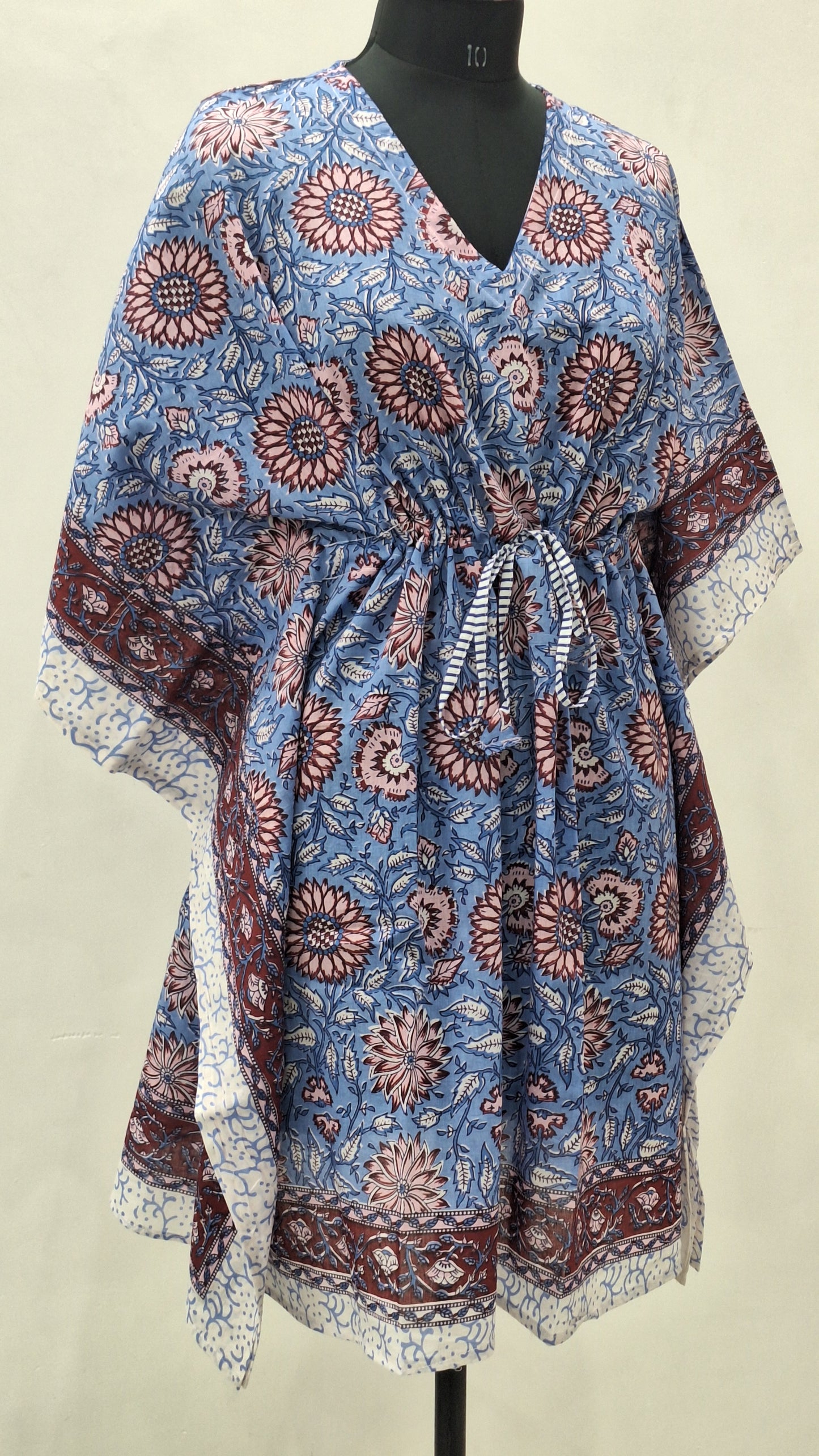 Blue Lotus Floral Block Print Short Kaftan