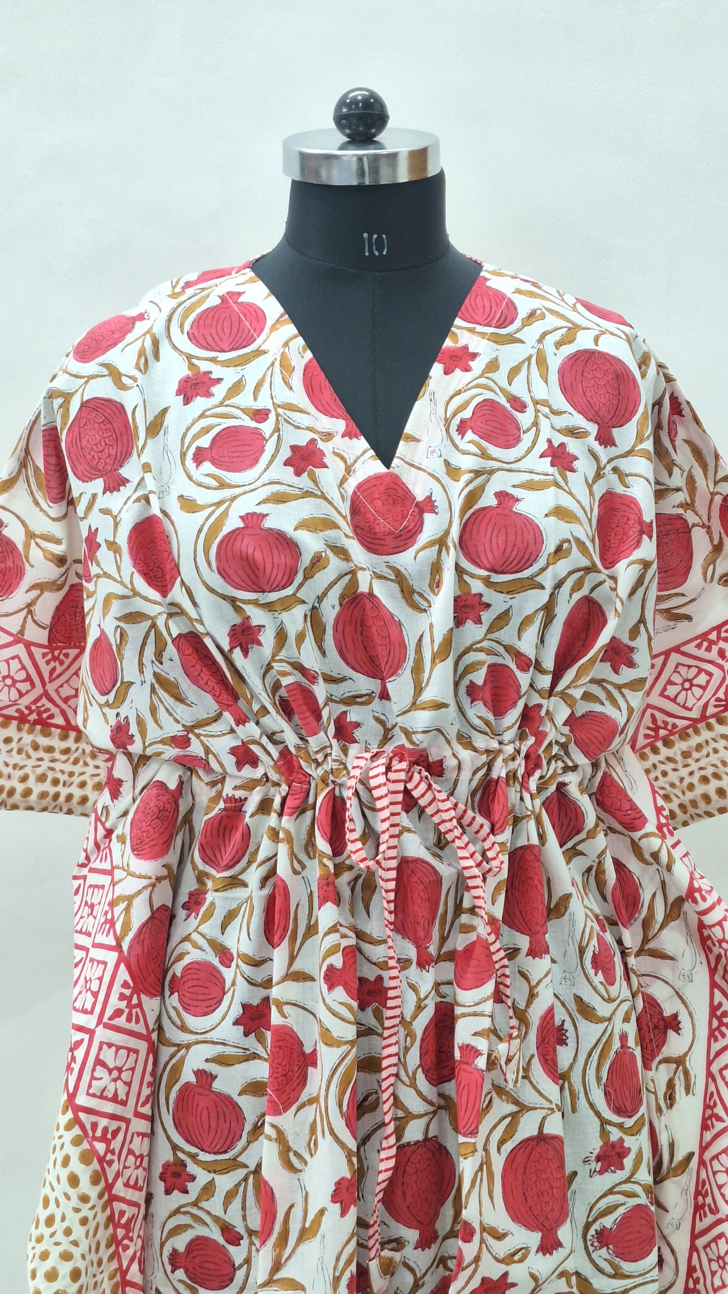 Hand Block Printed Pomegranate Cotton Cambric Kaftan  Short Length