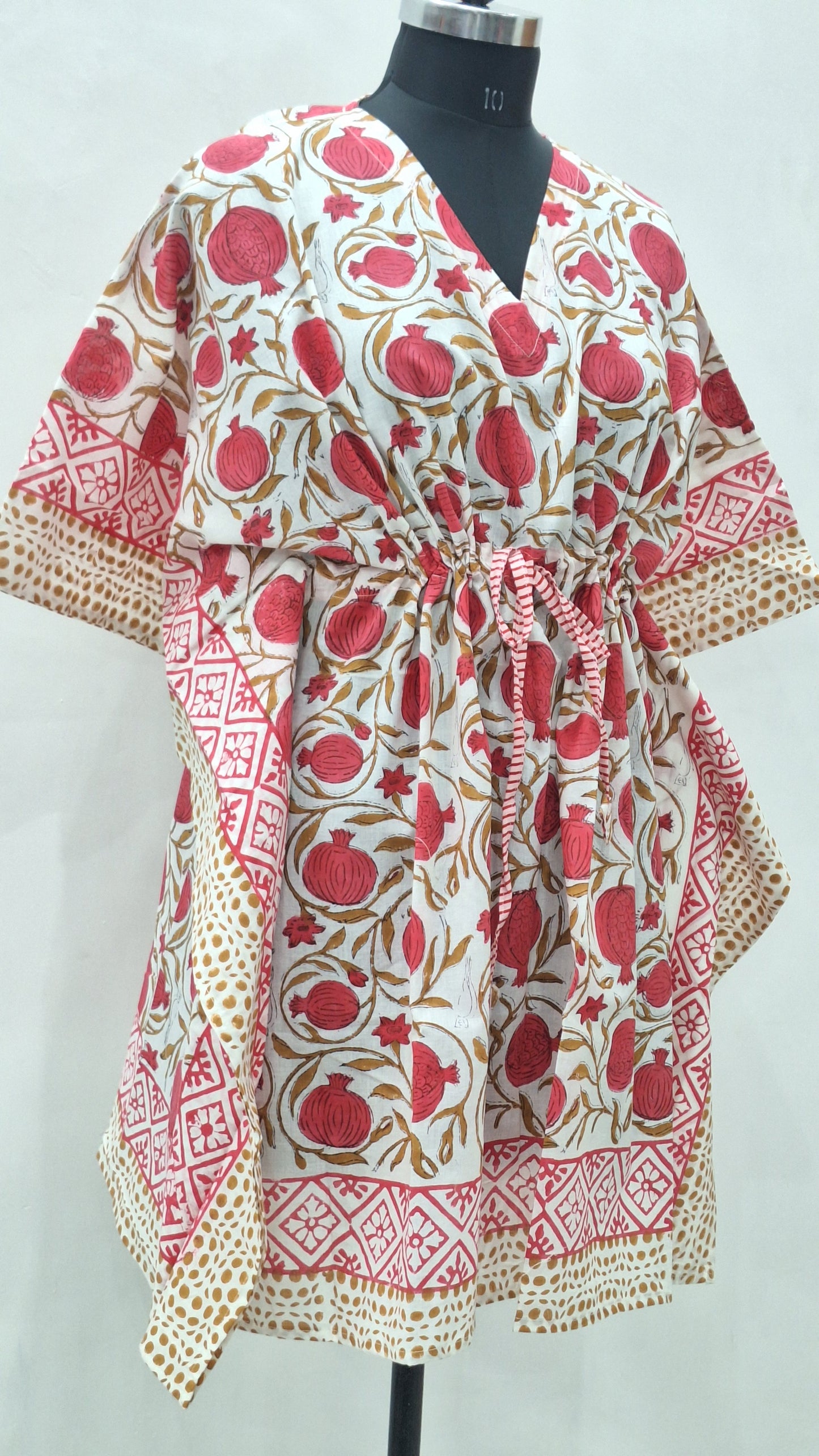 Hand Block Printed Pomegranate Cotton Cambric Kaftan  Short Length