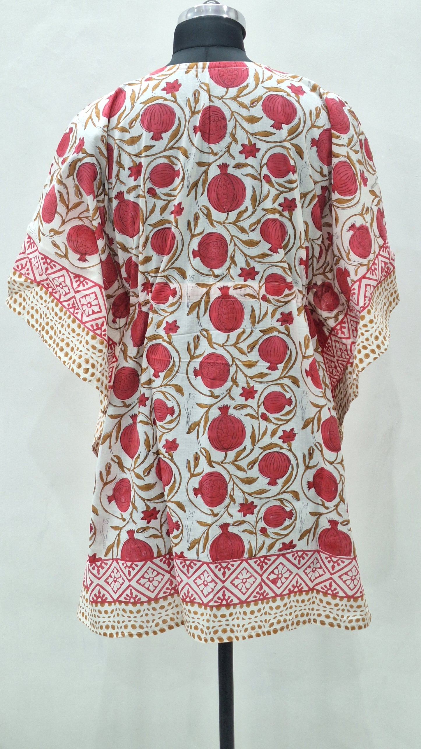 Hand Block Printed Pomegranate Cotton Cambric Kaftan  Short Length