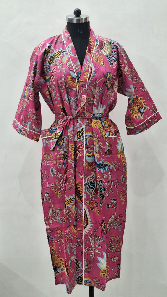 Pink Blossom Mukut Jaal Printed Cotton Bathrobe | Unisex Cambric Robe