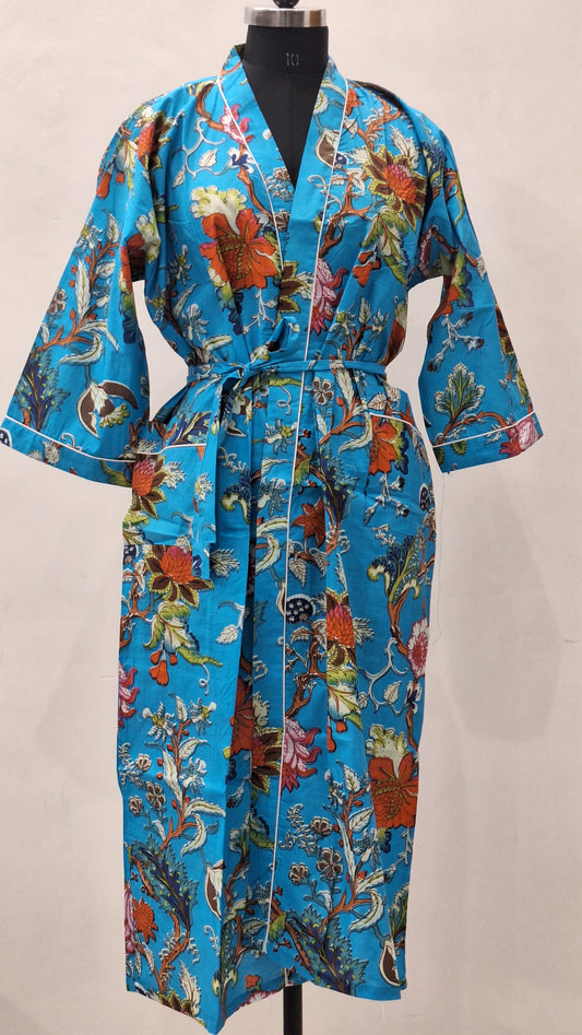 Azure Tropical Garden Cotton Bathrobe  Unisex Cambric Robe with Belt & Pockets