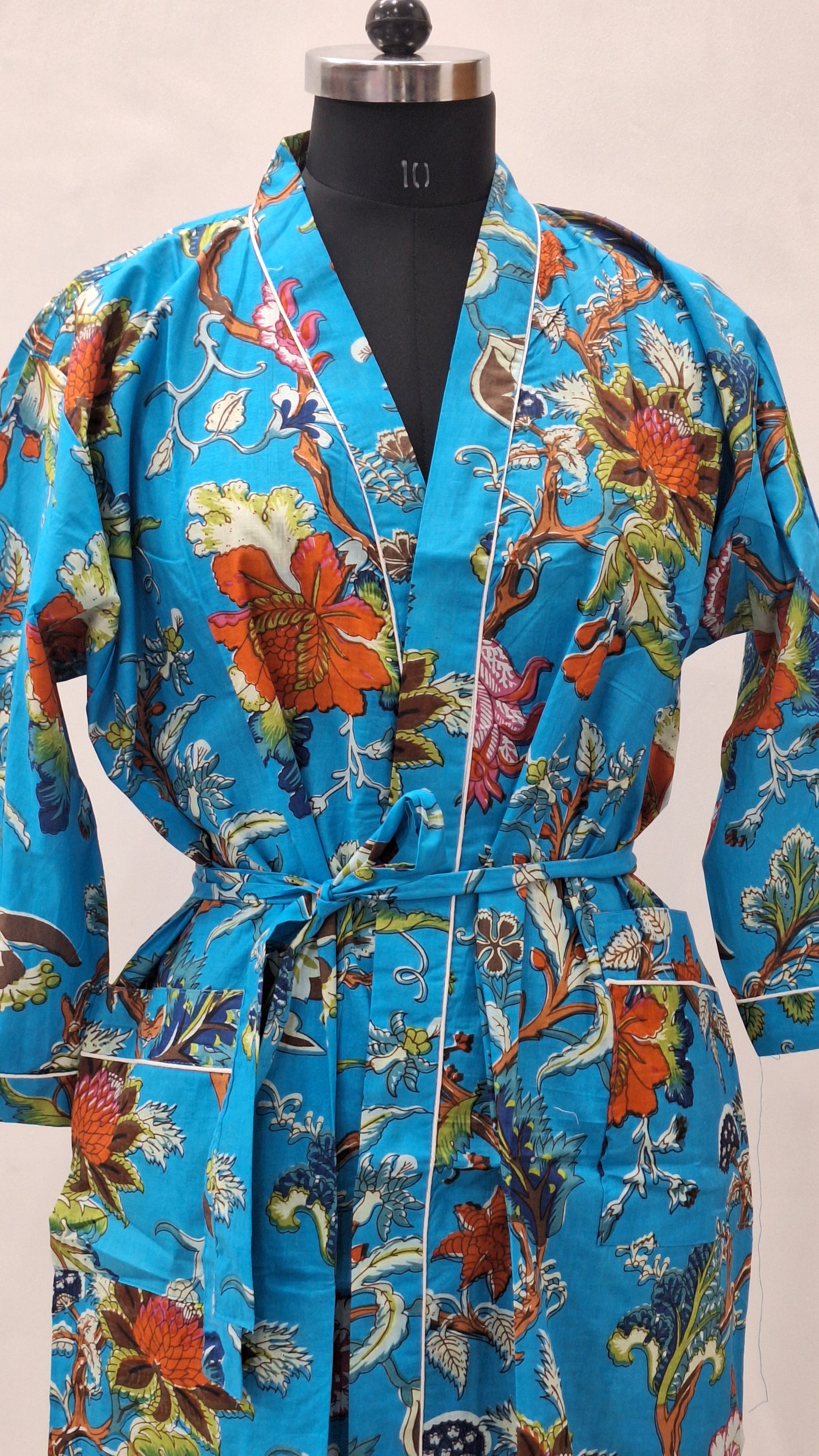 Azure Tropical Garden Cotton Bathrobe  Unisex Cambric Robe with Belt & Pockets
