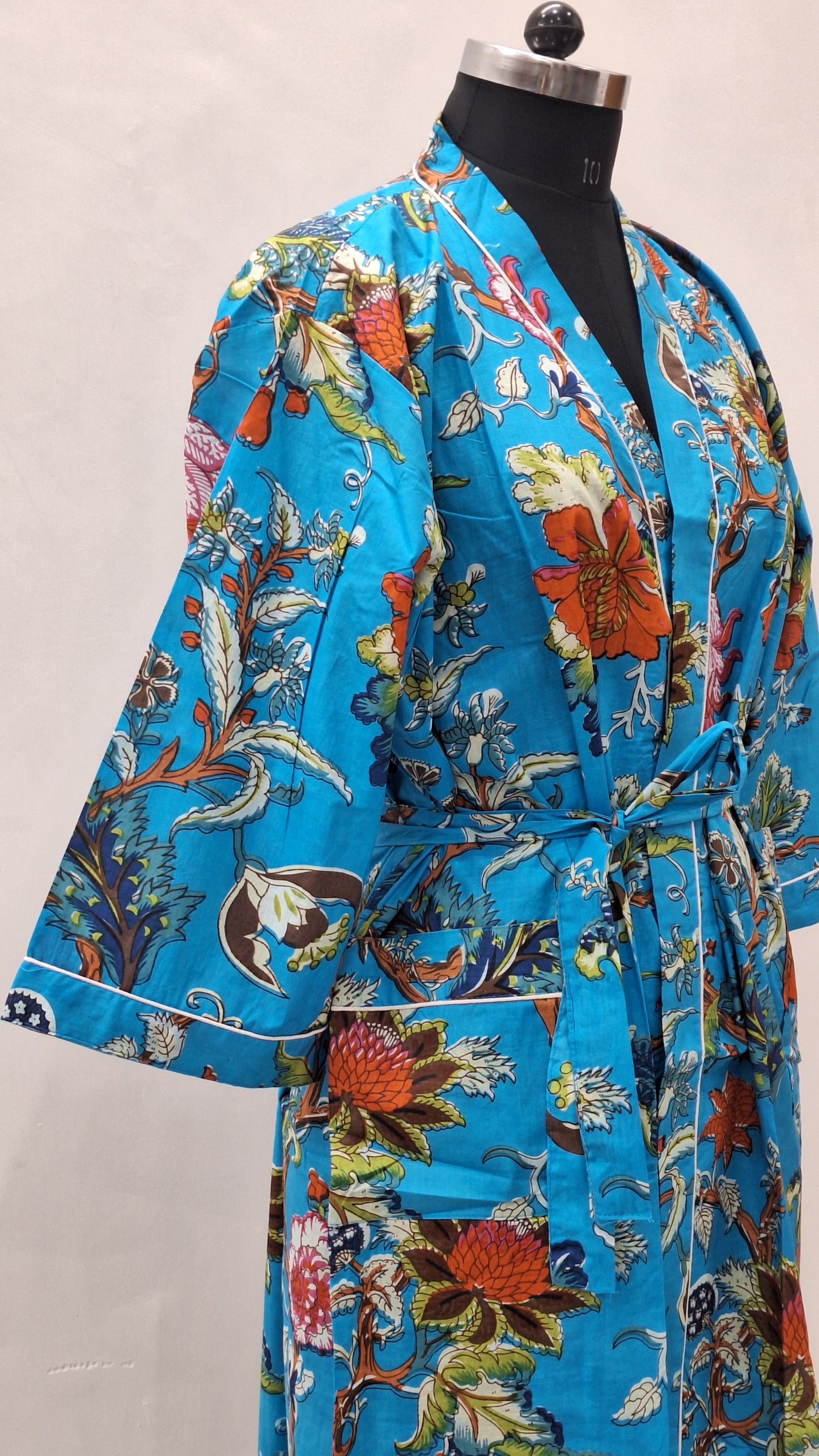 Azure Tropical Garden Cotton Bathrobe  Unisex Cambric Robe with Belt & Pockets