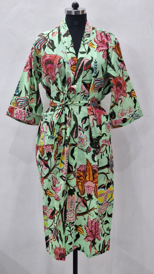 Spring Garden Floral Hand Block Printed Cotton Cambric Bathrobe