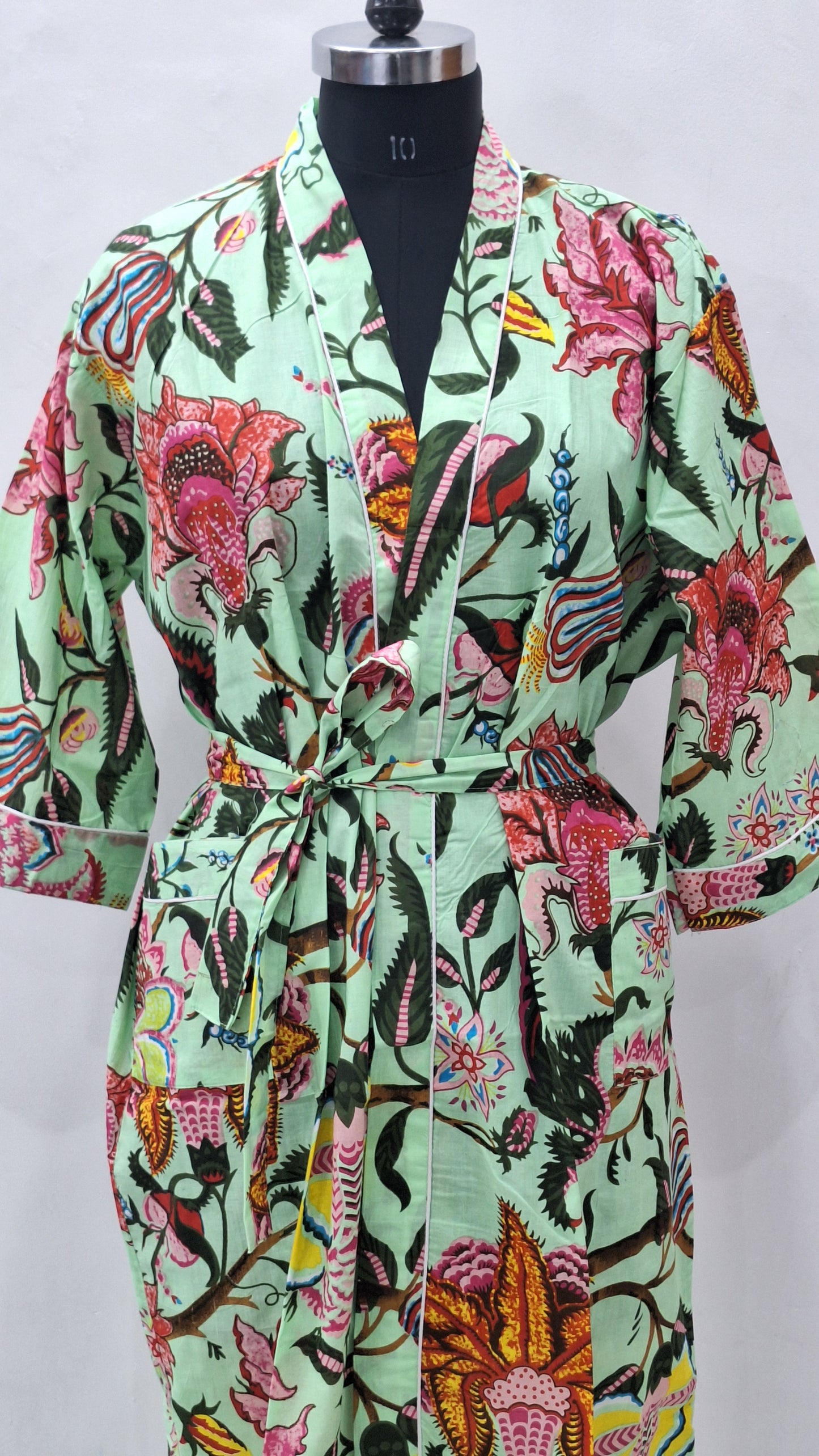 Spring Garden Floral Hand Block Printed Cotton Cambric Bathrobe