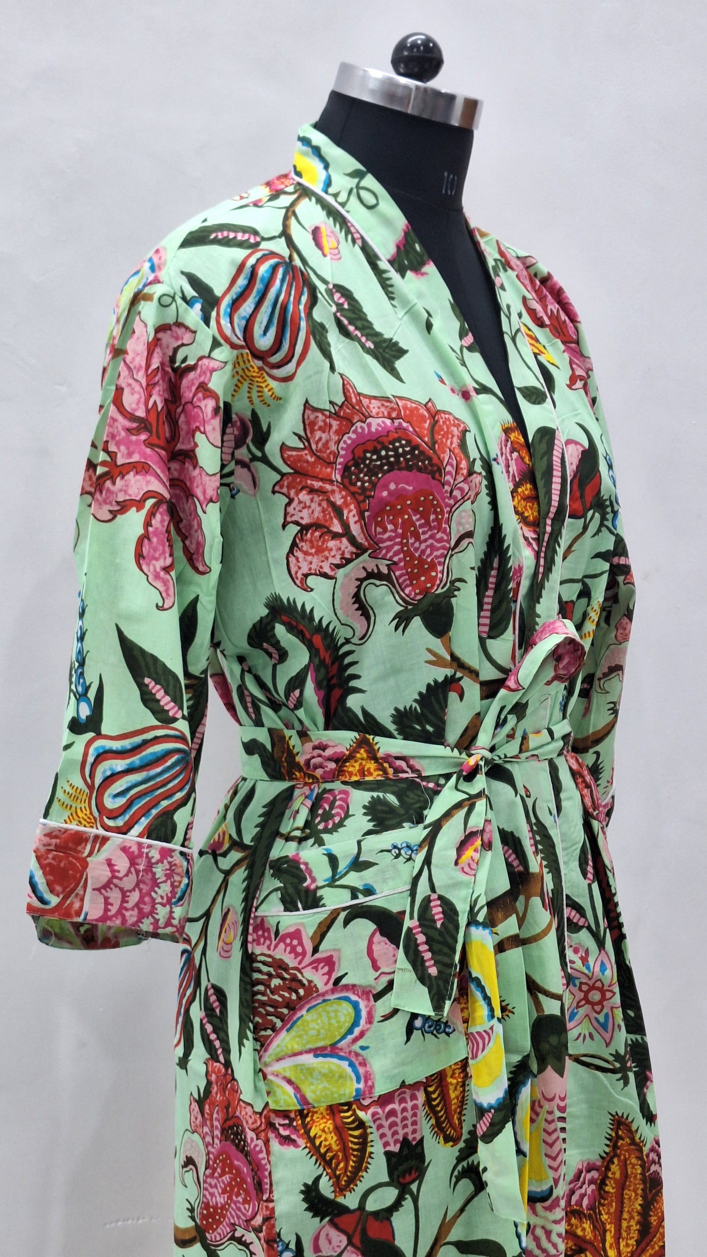Spring Garden Floral Hand Block Printed Cotton Cambric Bathrobe