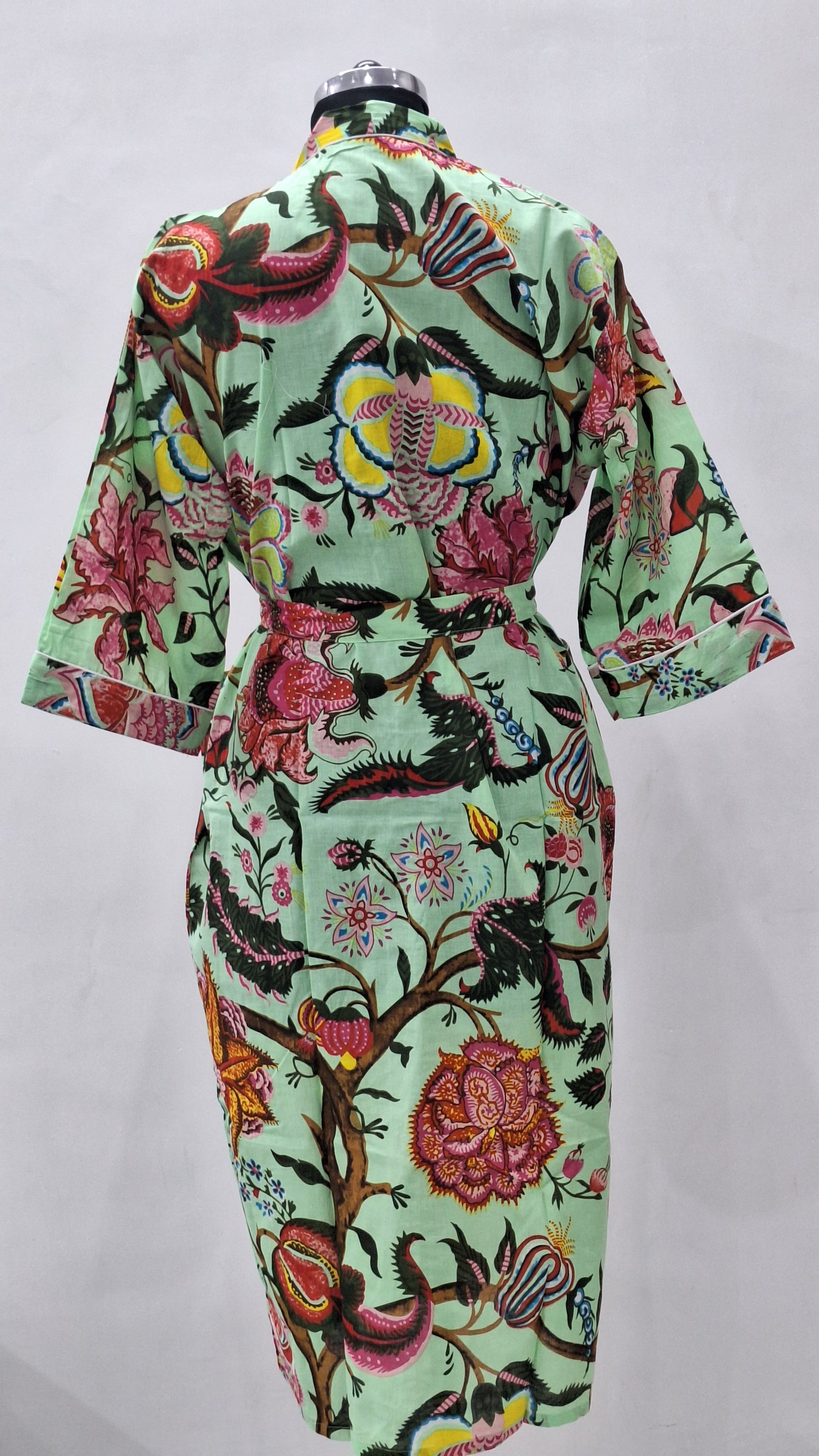 Spring Garden Floral Hand Block Printed Cotton Cambric Bathrobe