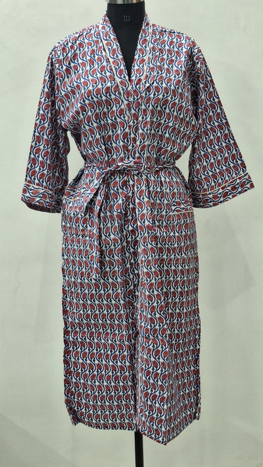 Heritage Tulip Motif Hand Block Printed Cotton Bathrobe