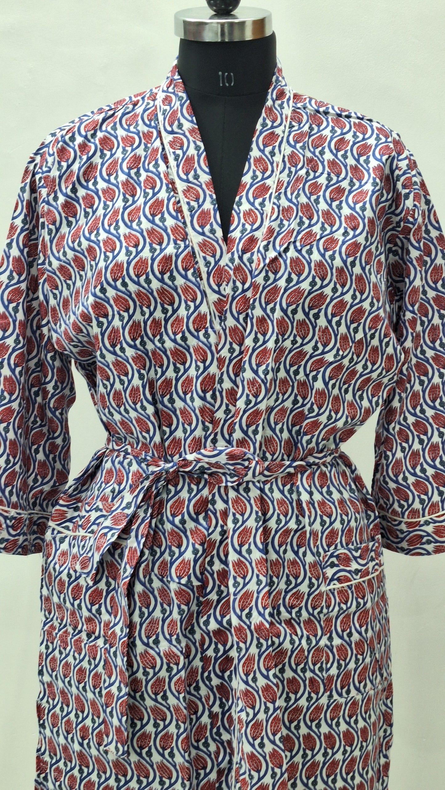 Heritage Tulip Motif Hand Block Printed Cotton Bathrobe