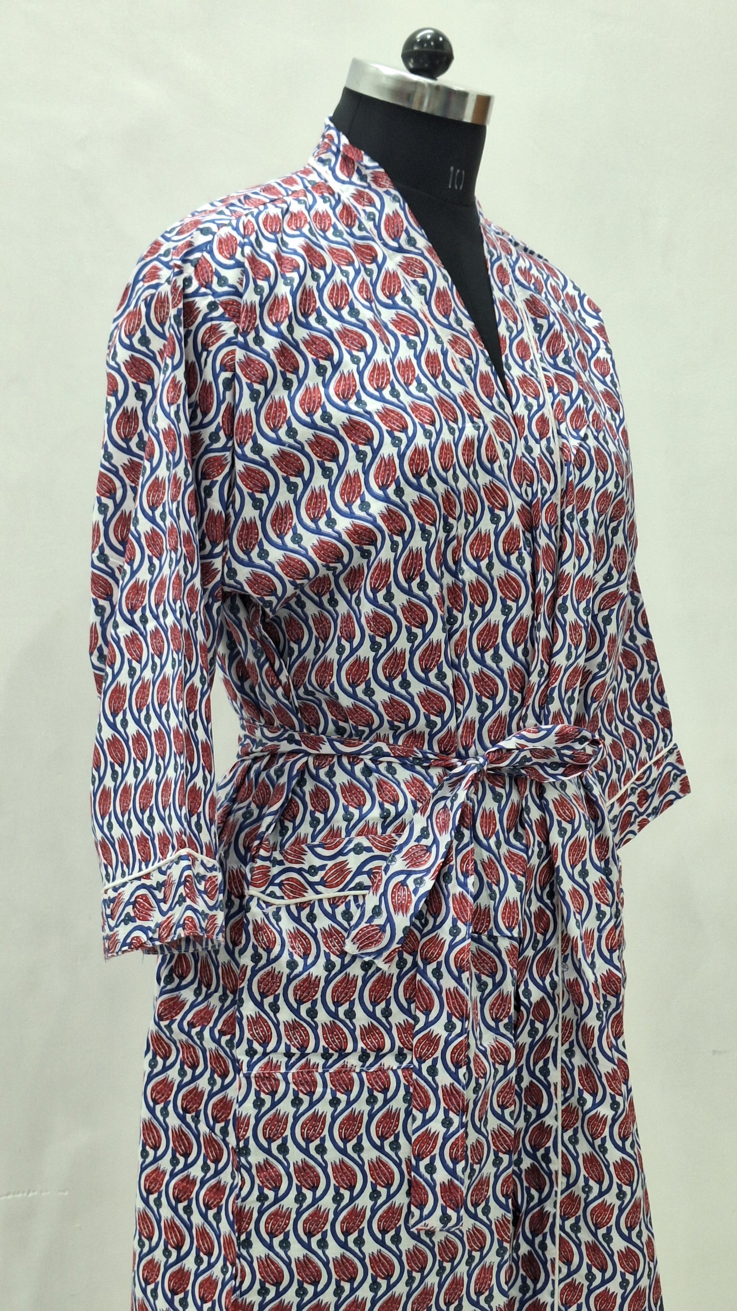 Heritage Tulip Motif Hand Block Printed Cotton Bathrobe
