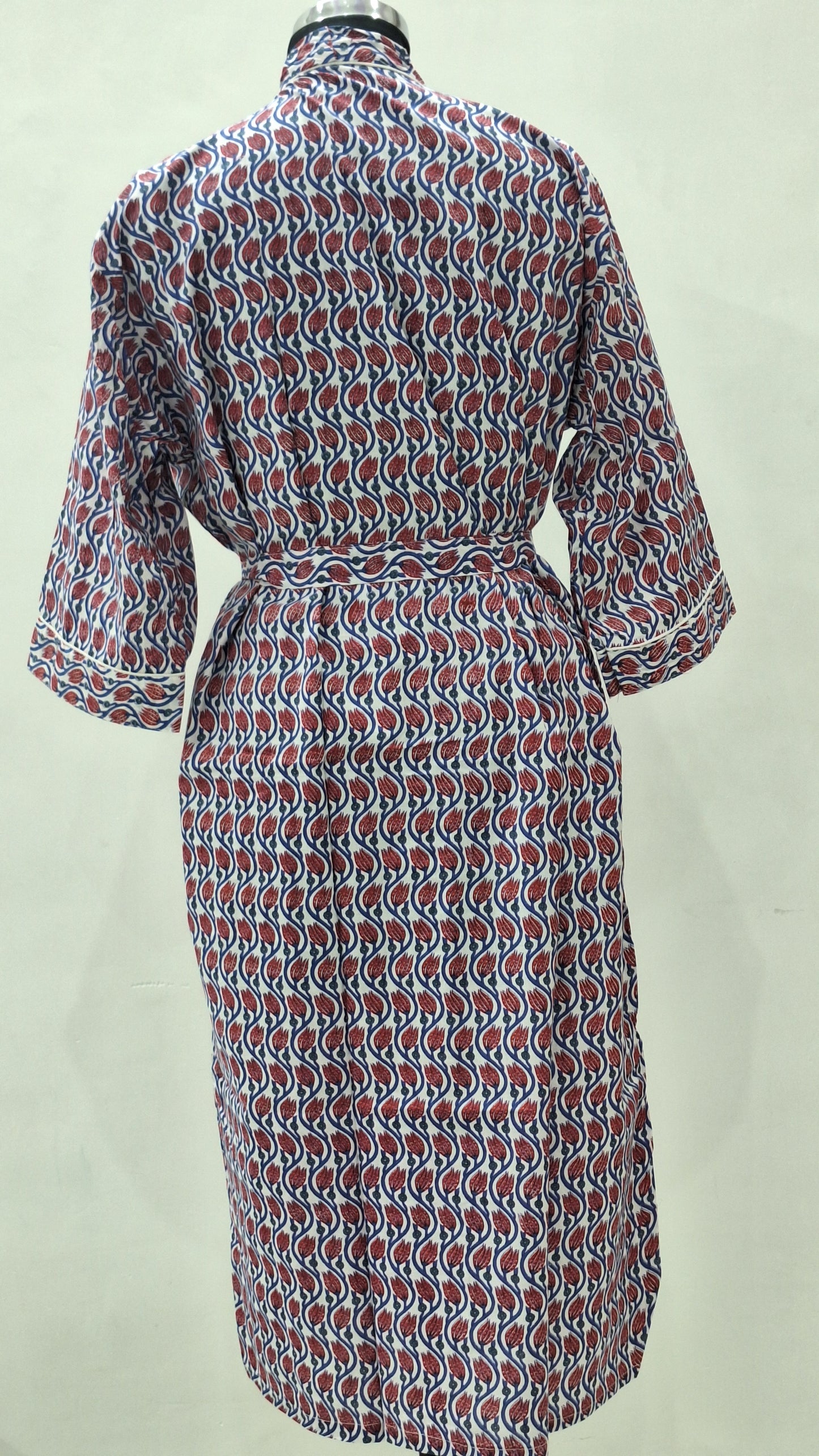 Heritage Tulip Motif Hand Block Printed Cotton Bathrobe