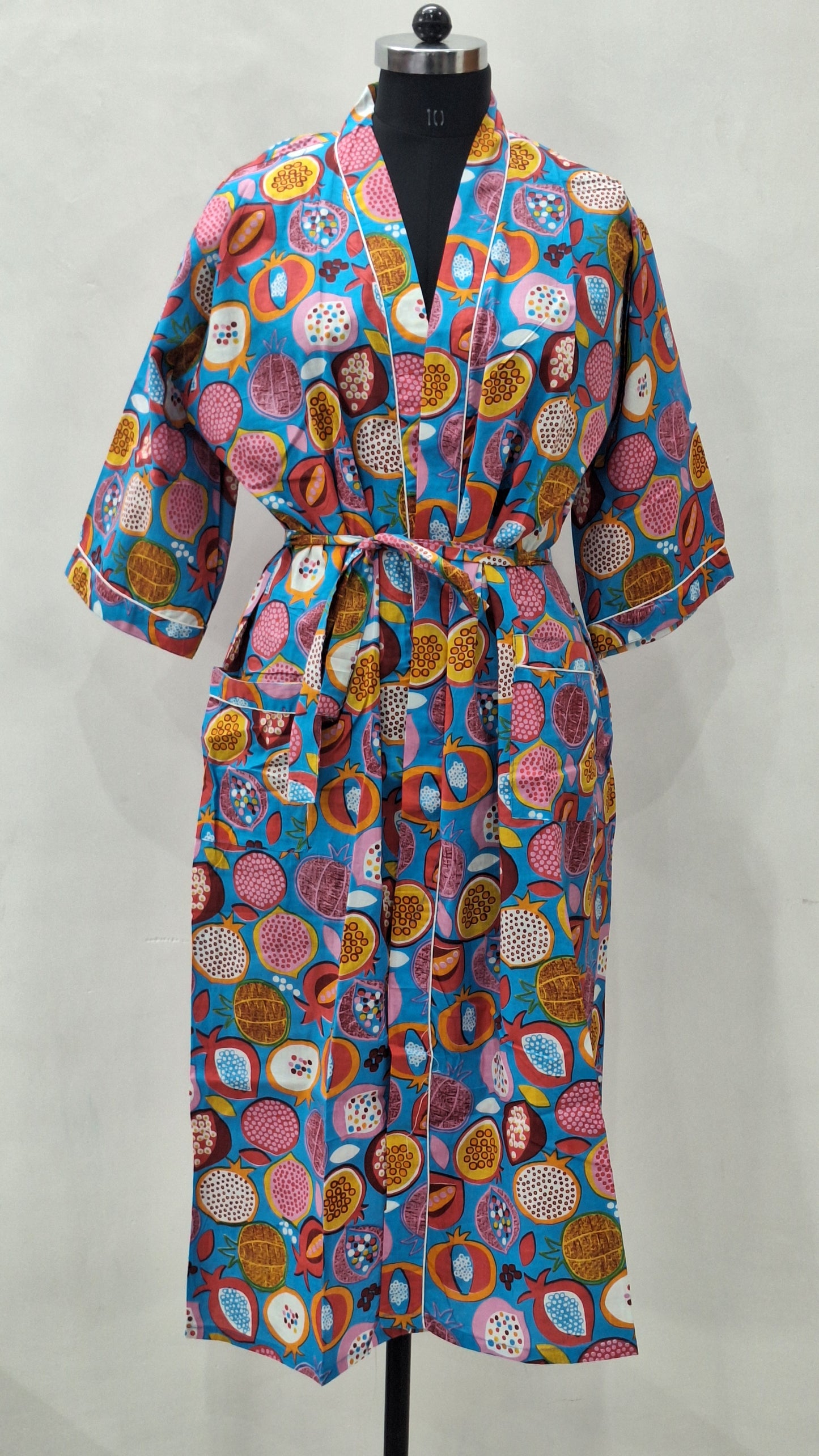 Pomegranate Pop Blue Cotton Bathrobe | Unisex Lounge Robe