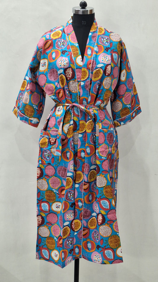 Pomegranate Pop Blue Cotton Bathrobe | Unisex Lounge Robe