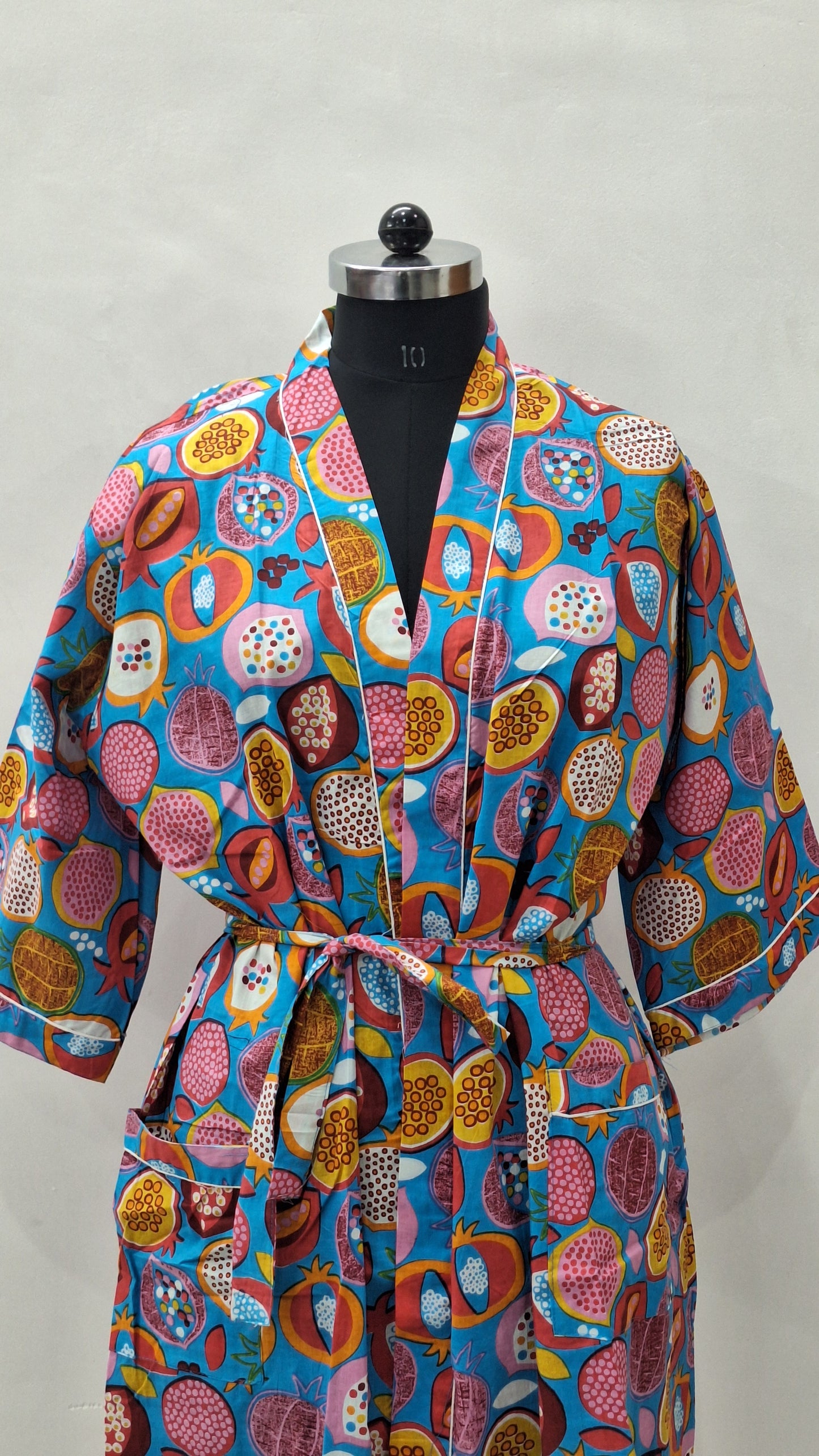 Pomegranate Pop Blue Cotton Bathrobe | Unisex Lounge Robe