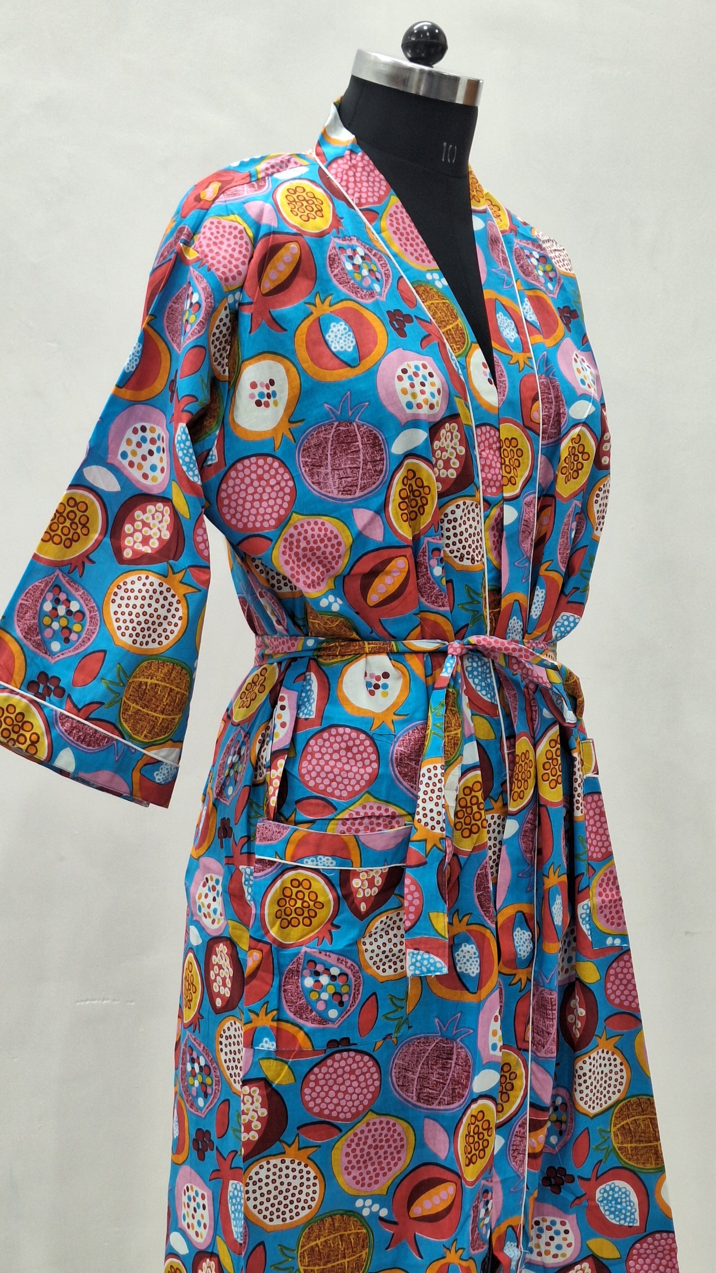 Pomegranate Pop Blue Cotton Bathrobe | Unisex Lounge Robe