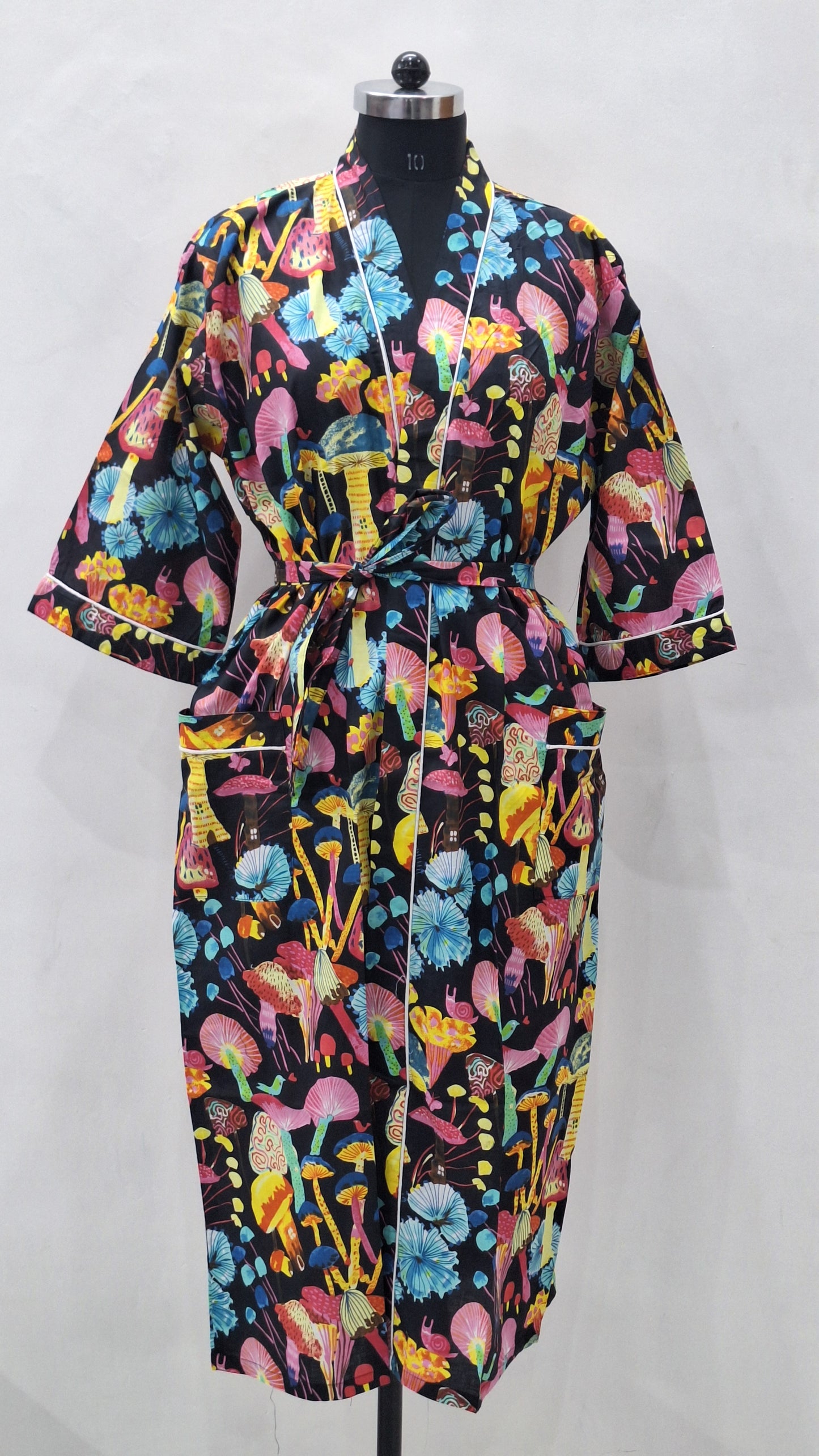 Enchanted Mushroom Forest Cotton Bathrobe  Unisex Cambric Lounge Robe