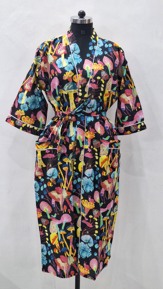 Enchanted Mushroom Forest Cotton Bathrobe  Unisex Cambric Lounge Robe