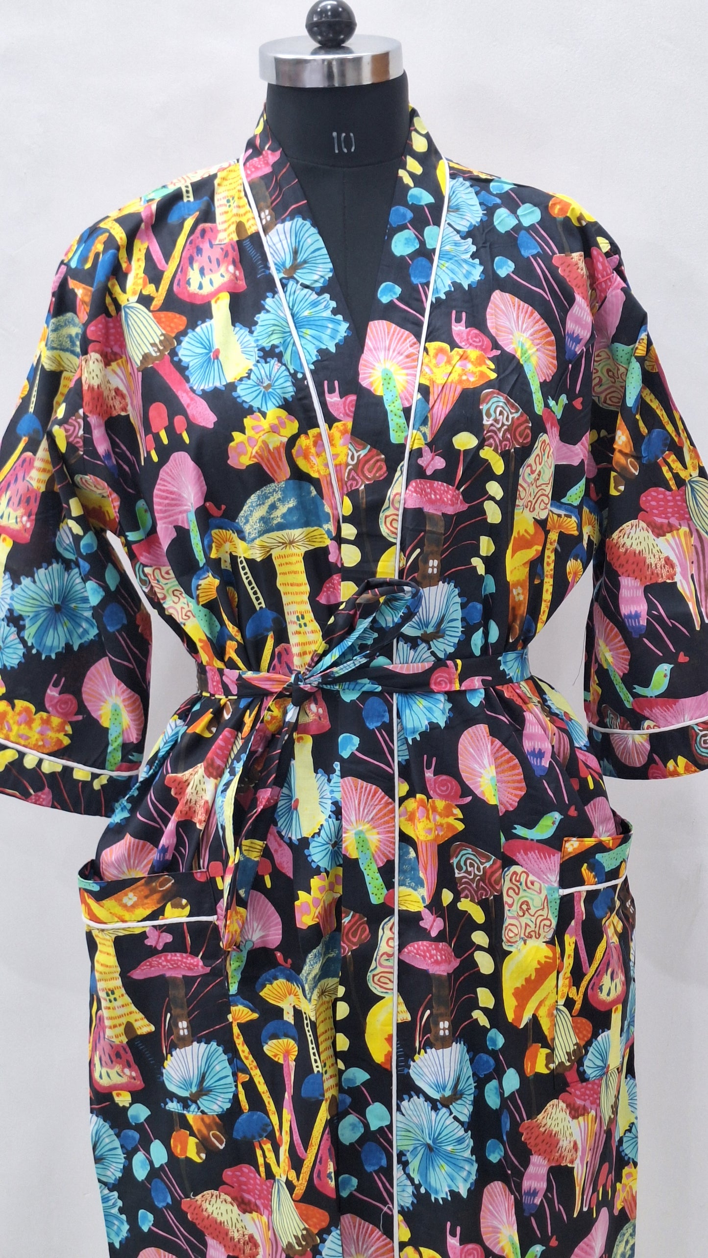 Enchanted Mushroom Forest Cotton Bathrobe  Unisex Cambric Lounge Robe