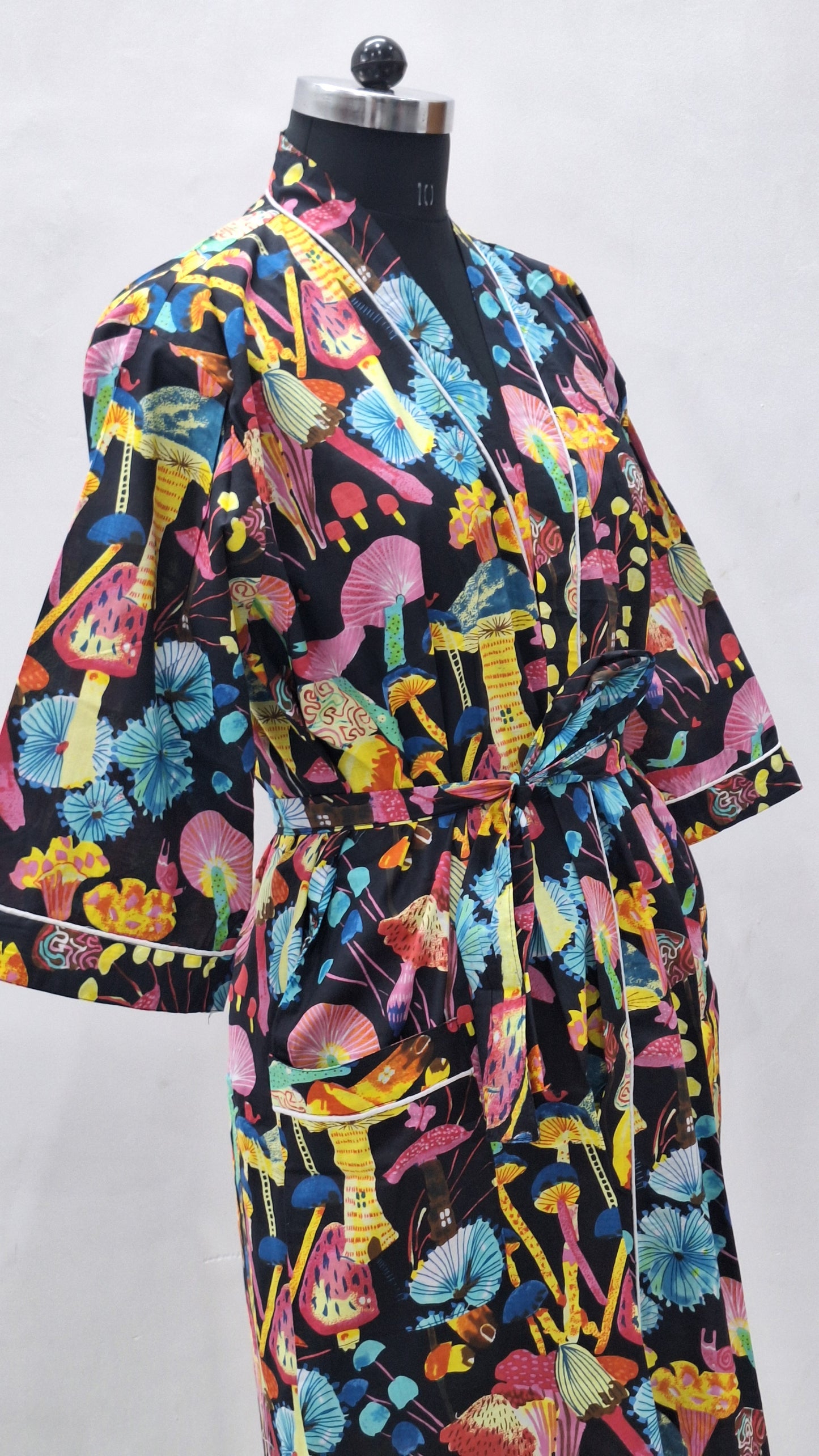 Enchanted Mushroom Forest Cotton Bathrobe  Unisex Cambric Lounge Robe