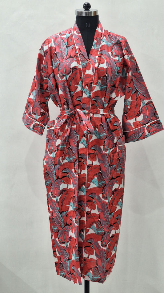 Bold Palm Leaf Print Unisex Bathrobe  Lightweight Cotton Cambric
