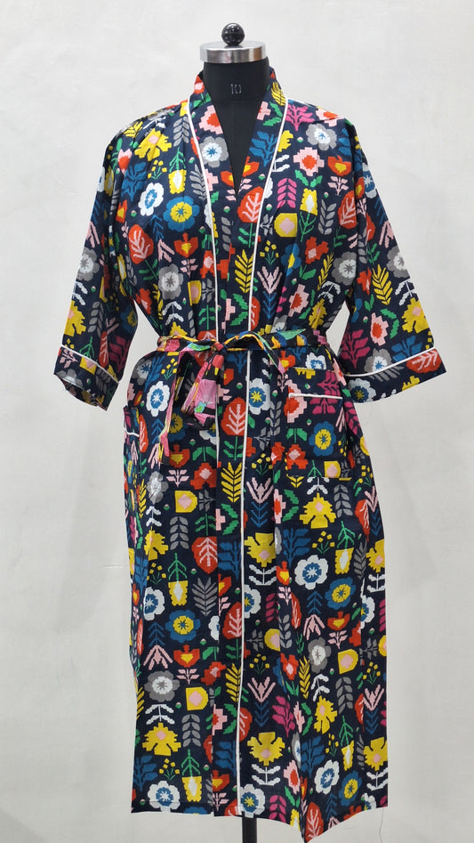 Vibrant Botanical Print Cotton Bathrobe  100% Cotton Cambric Unisex Robe